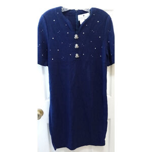 Vintage Steve Fabrikant Neiman Marcus Dress Sz L Blue Silver Frogs Wool Blend